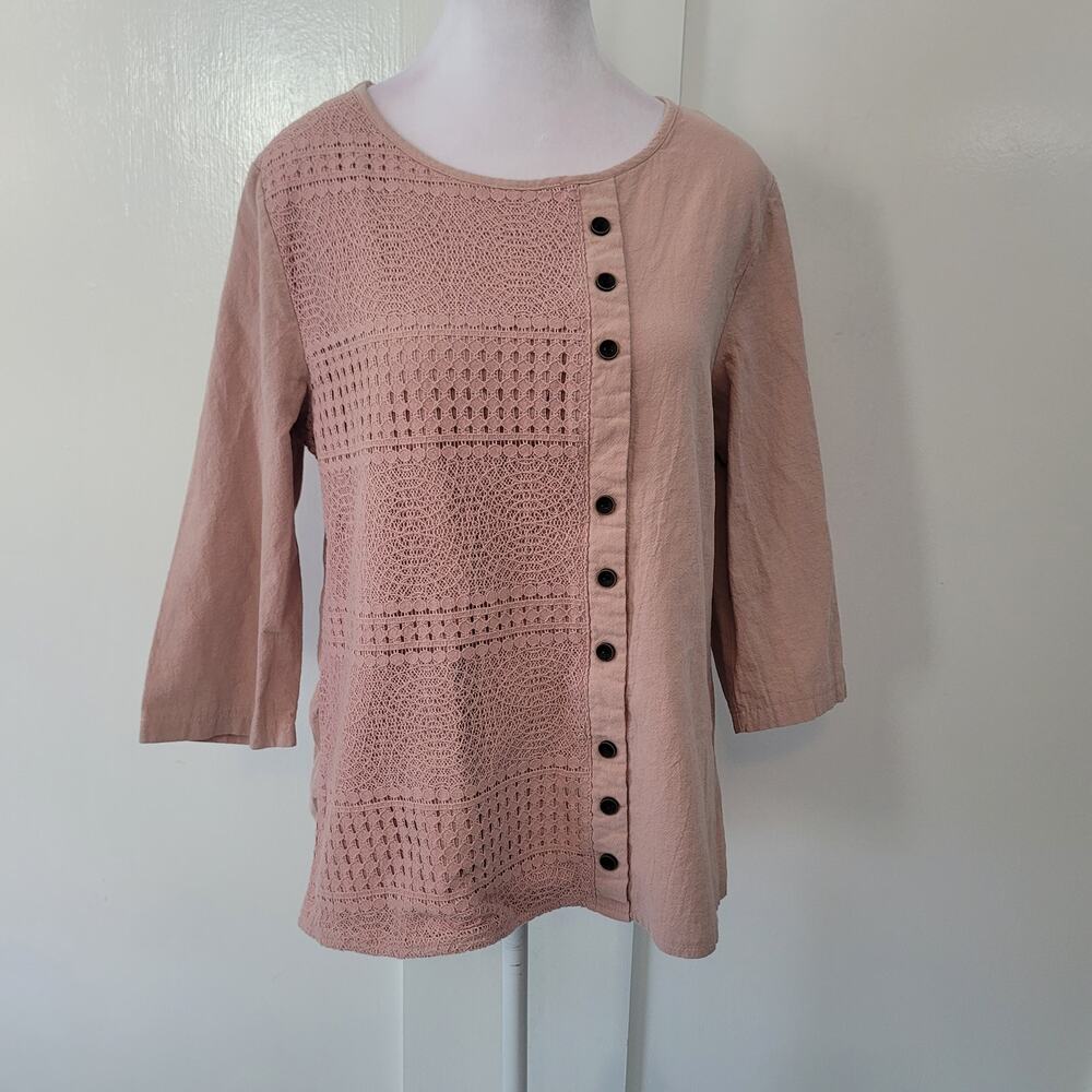 Cellabie Size M Blush Rose Pink Mixed Pattern Linen Blend‎ Blouse Boho Chic